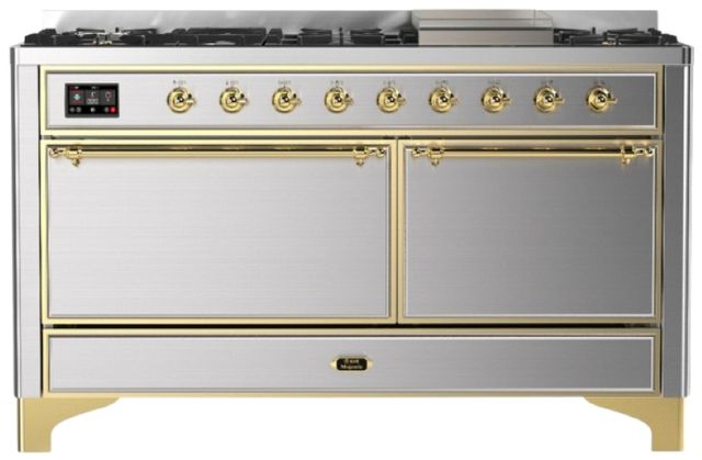 Ilve® Majestic III 60" Stainless Steel Pro Style Dual Fuel Liquid Propane Range with Solid Door and Brass Trim-0