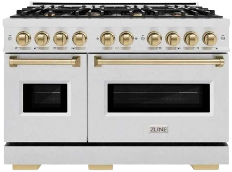 ZLINE Autograph Edition 48 in. 6.7 cu. ft. Classic Double Oven Gas Range with 8 Burner Cooktop in Satin Stainless Steel and Polished Gold Accents (CGRSZ-48-G)