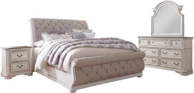 Liberty Furniture Magnolia Manor 4-Piece Antique White/Gray/Weathered Bark King Sleigh Bedroom Set-0