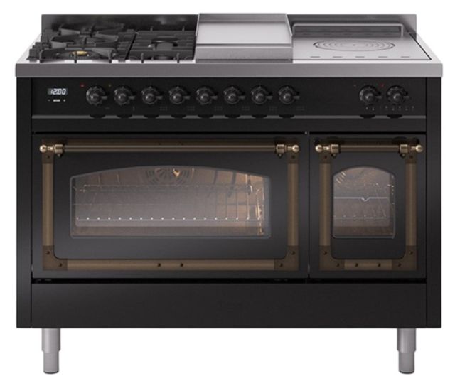 Ilve® Nostalgie II Noblesse 48'' Glossy Black Pro Style Dual Fuel Range with Burnished Trim-0