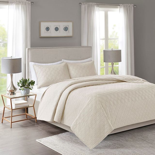 Olliix by Madison Park 3 Piece Cream Full/Queen Linnette Reversible Coverlet Set-1
