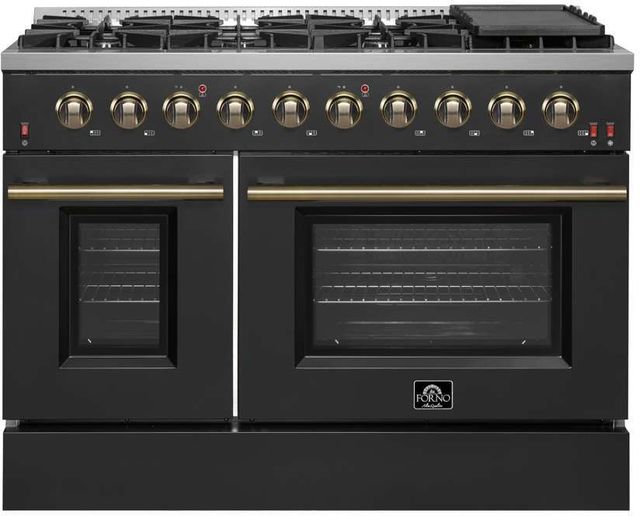 FORNO® Galiano 48" Stainless Steel Pro Style Gas Range with Black Door and Antique Brass Accents-0