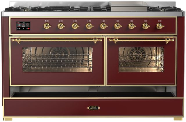 Ilve® Majestic III 60" Burgundy Pro Style Dual Fuel Natural Gas Range with Triple Glass Door and Brass Trim-1