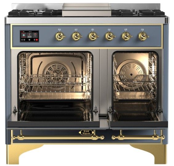 Ilve® Majestic III 40" Blue Gray Pro Style Dual Fuel Natural Gas Range with Solid Door and Brass Trim-1