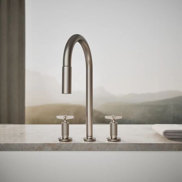 KOHLER® Billet® Vibrant Stainless Kitchen Sink Faucet with 2-Function Sprayhead and Cross Handles-3