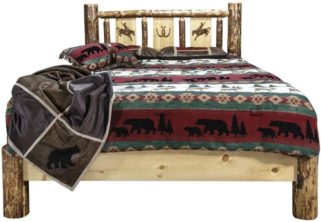 Montana Woodworks® Glacier Country Stained and Lacquered California King Platform Bed with Laser Engraved Bronc Design-1