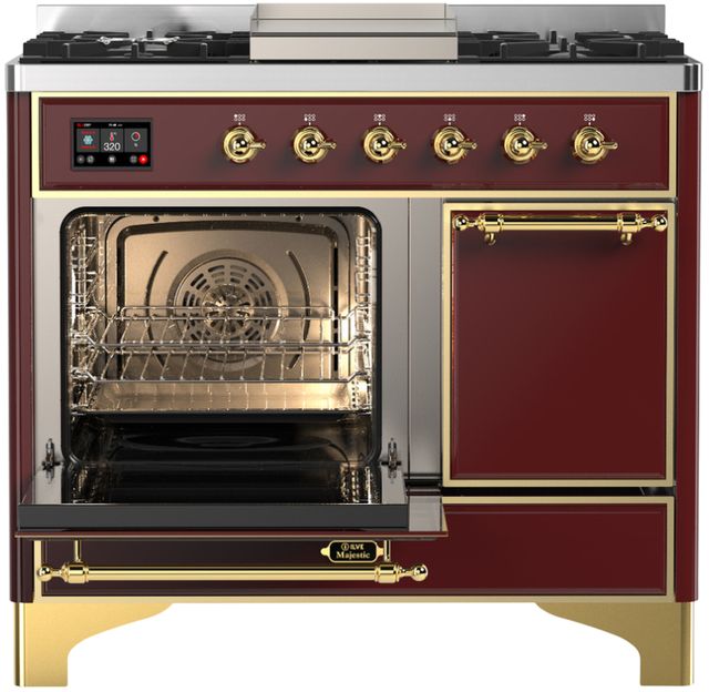 Ilve® Majestic III 40" Burgundy Pro Style Dual Fuel Natural Gas Range with Solid Door and Brass Trim-2