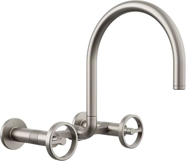 KOHLER® Billet® Vibrant Stainless 12" 2-Hole Wall-Mount Bridge Kitchen Sink Faucet with Round Handles-0