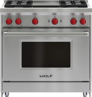 front view of the Wolf® 36" Stainless Steel Pro Style Natural Gas Range