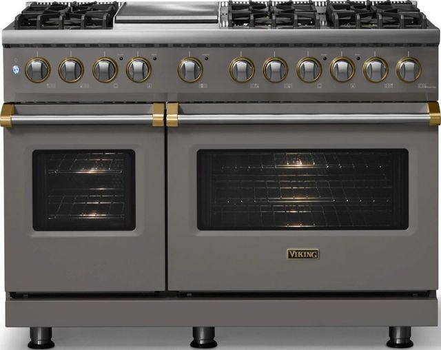 Viking® 5 Series 48" Damascus Gray Pro Style Dual Fuel (NG) Range with Brushed Brass Trim-2