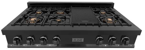 ZLINE 48" Black Stainless Steel Gas Rangetop with Brass Burners and Griddle-1