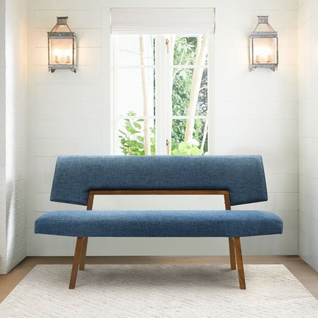 Armen Living Channell Blue/Walnut Upholstered Dining Bench-1
