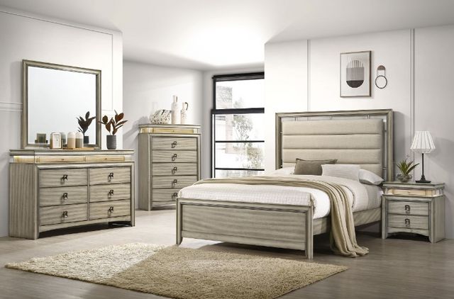 front view of a glam bedroom set with a beige dresser with mirror with features like extra storage and LED lighting