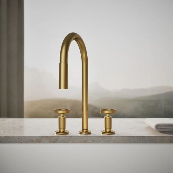 KOHLER® Billet® Vibrant Brushed Moderne Brass Kitchen Sink Faucet with 2-Function Sprayhead and Round Handles-3