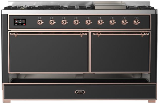 Ilve® Majestic III 60" Graphite Matte Pro Style Dual Fuel Liquid Propane Range with Solid Door and Copper Trim-1