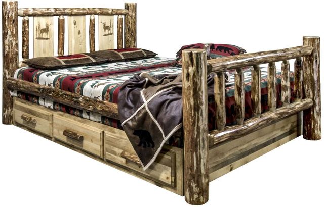 Montana Woodworks® Glacier Country Stain & Clear Lacquer Twin Storage Bed with Laser Engraved Elk Design-0