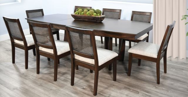 front view of a wooden dinner table with 8 matching wooden chairs around it