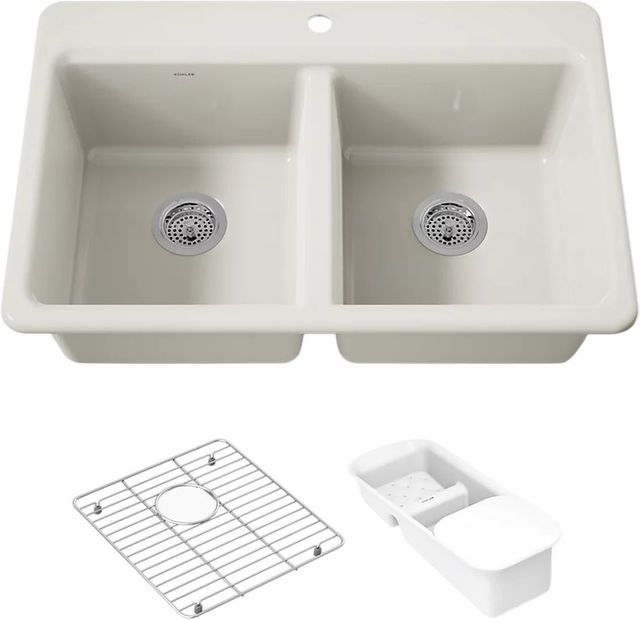 KOHLER® Riverby® Biscuit 33" 1-Faucet Hole Top-Mount Double Equal-Bowl Workstation Kitchen Sink-0