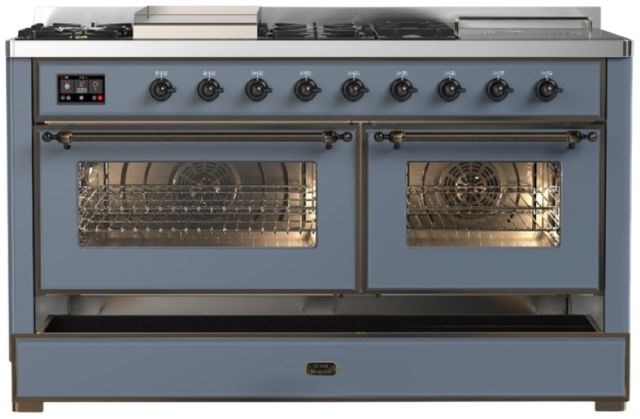 Ilve® Majestic III 60" Blue Gray Pro Style Dual Fuel Liquid Propane Range with French Top and Burnished Trim-2