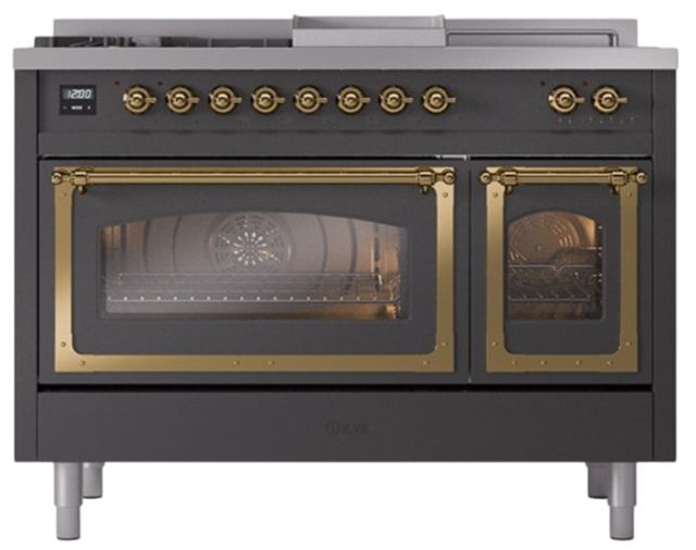 Ilve® Nostalgie II Noblesse 48'' Graphite Matte Pro Style Dual Fuel Range with Brass Trim-1