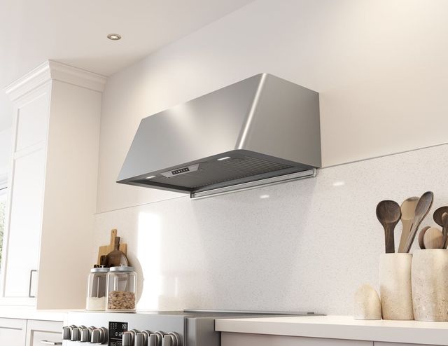 front view of a ductless range hood in a modern kitchen