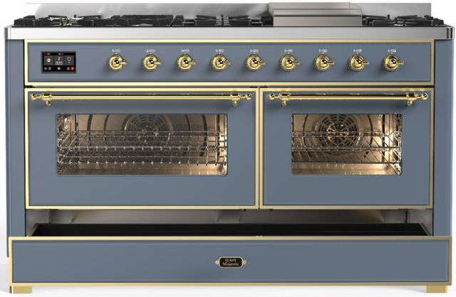 Ilve® Majestic III 60" Blue Gray Pro Style Dual Fuel Liquid Propane Range with Triple Glass Door and Brass Trim-1
