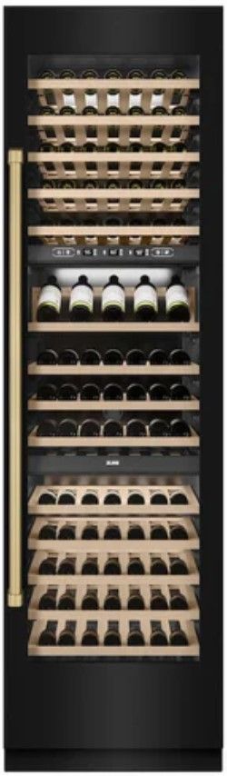 ZLINE Autograph Edition 24" in. 12.4 Cu. Ft. Triple Zone 100 Bottle Column Wine Cooler in Black Stainless Steel and Champagne Bronze Accents-3