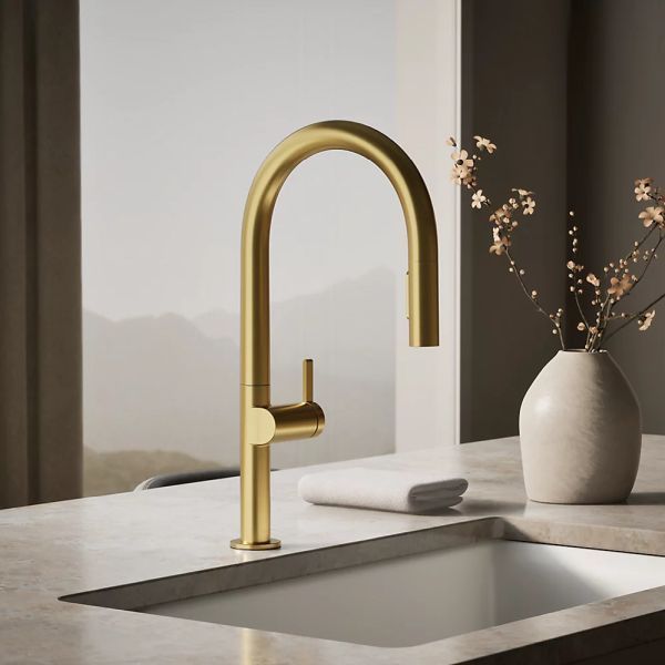 KOHLER® Components® Vibrant Brushed Moderne Brass Pull-Down Kitchen Sink Faucet with 2-Function Sprayhead-1