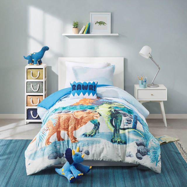 Olliix by Mi Zone Kids Tucker Dinosaur Printed Blue Twin Comforter Set-1