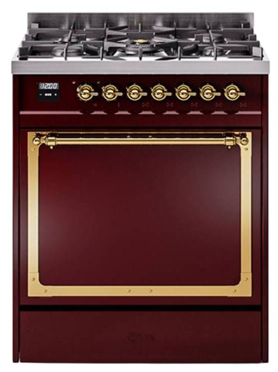 Ilve® Nostalgie II Noblesse 30'' Burgundy Pro Style Dual Fuel Range with Brass Trim-0
