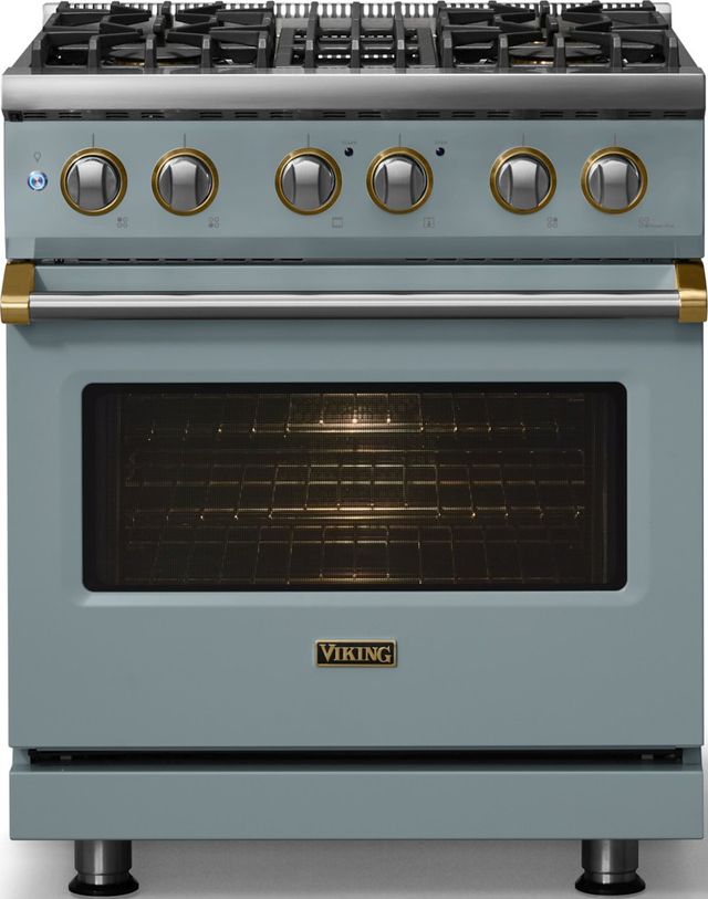 Viking® 5 Series 30" November Sky Pro Style Dual Fuel (LP) Range with Brushed Brass Trim-2