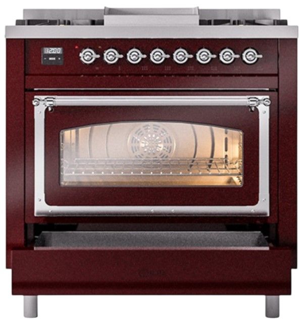 Ilve® Nostalgie II Noblesse 36'' Burgundy Pro Style Dual Fuel Range with Chrome Trim-3