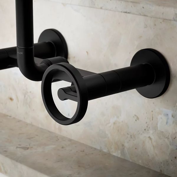 KOHLER® Billet® Matte Black 12" 2-Hole Wall-Mount Bridge Kitchen Sink Faucet with Round Handles-3