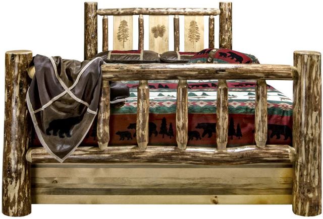 Montana Woodworks® Glacier Country Stain & Clear Lacquer California King Storage Bed with Laser Engraved Pine Design-1