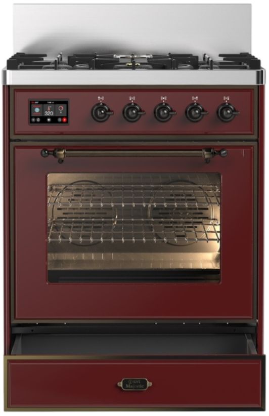 Ilve® Majestic III 30" Burgundy Pro Style Dual Fuel Natural Gas Range with Triple Glass Door and Burnished Trim-1