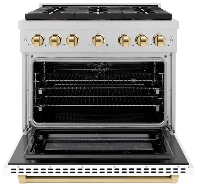 ZLINE Autograph Edition Paramount 36" 5.2 Cu. Ft. Satin Stainless Steel Dual Fuel Range with 6 Burner DuoPro™ Cooktop and Electric Convection Oven with White Matte Door and Polished Gold Accents-3