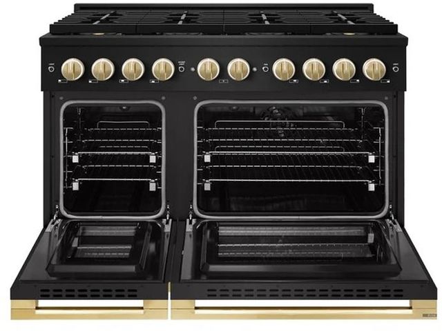 ZLINE Marino 48" Black Stainless Steel Pro Style Dual Fuel Range with 8-Burner DuoPro™ Cooktop and Electric Convection Oven and Polished Gold Accents-1