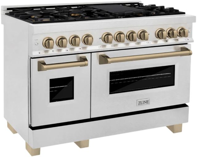 ZLINE Autograph Edition 48" Satin Stainless Steel Pro-Style Dual Fuel Range with Two Electric Ovens and Champagne Bronze Accents-3