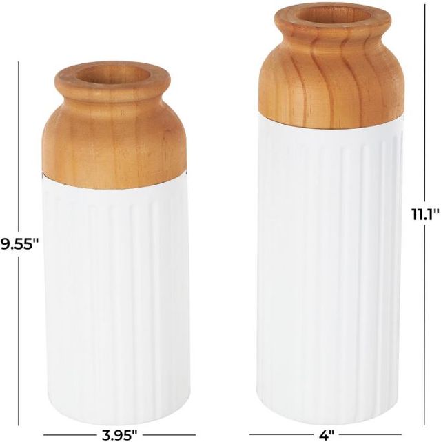 Deco Marche 2-Piece White Metal Decorative Vase with Brown Wood Tops Set-3