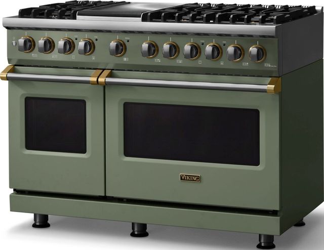 Viking® 5 Series 48" Eucalyptus Pro Style Dual Fuel (NG) Range with Brushed Brass Trim-3