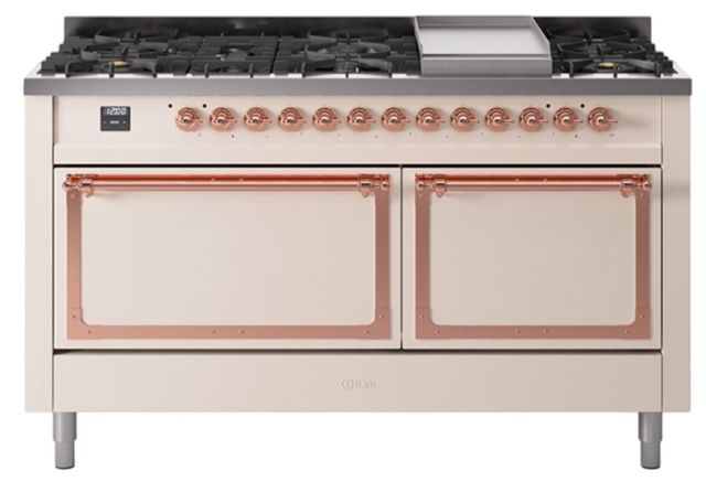 Ilve® Nostalgie II Noblesse 60'' Antique White Pro Style Dual Fuel Range with Copper Trim-0
