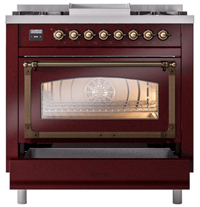 Ilve® Nostalgie II Noblesse 36'' Burgundy Pro Style Dual Fuel Range with Burnished Trim-3