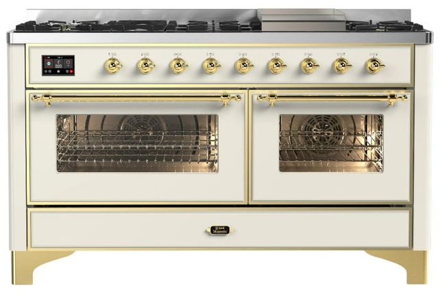 Ilve® Majestic III 60" Antique White Pro Style Dual Fuel Natural Gas Range with Triple Glass Door and Brass Trim-0