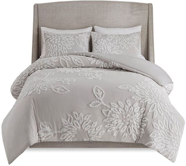Olliix by Madison Park 3 Piece Grey/White Full/Queen Veronica Tufted Cotton Chenille Floral Duvet Cover Set-0