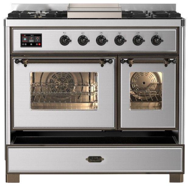Ilve® Majestic III 40" Stainless Steel Pro Style Dual Fuel Natural Gas Range with Triple Glass Door and Burnished Trim-2