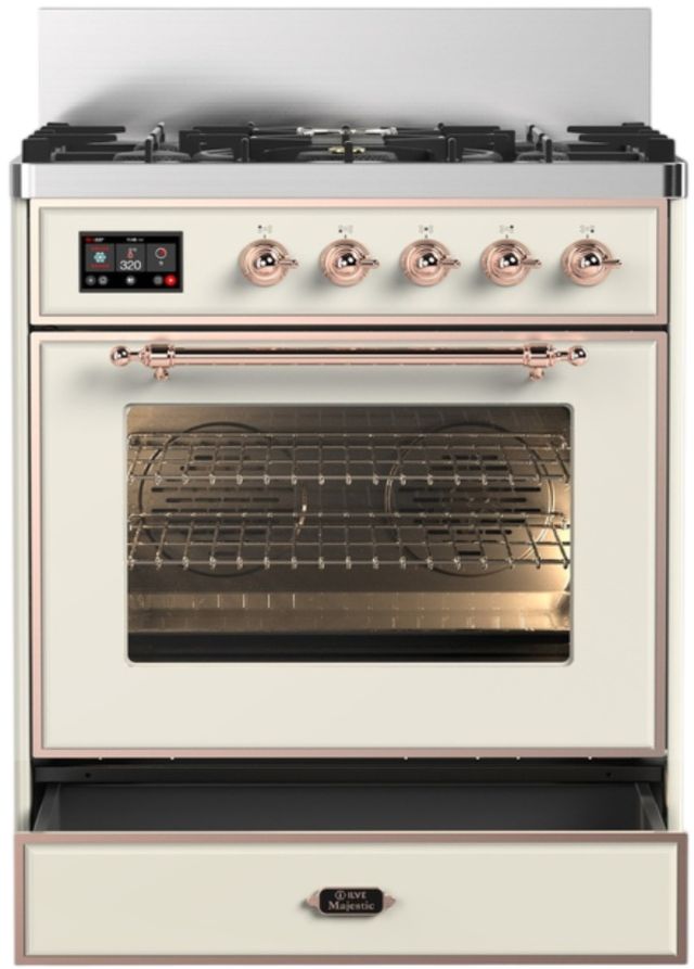 Ilve® Majestic III 30" Antique White Pro Style Dual Fuel Natural Gas Range with Triple Glass Door and Copper Trim-1