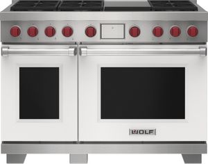 front view of the Wolf® 48" White Freestanding Dual Fuel Range