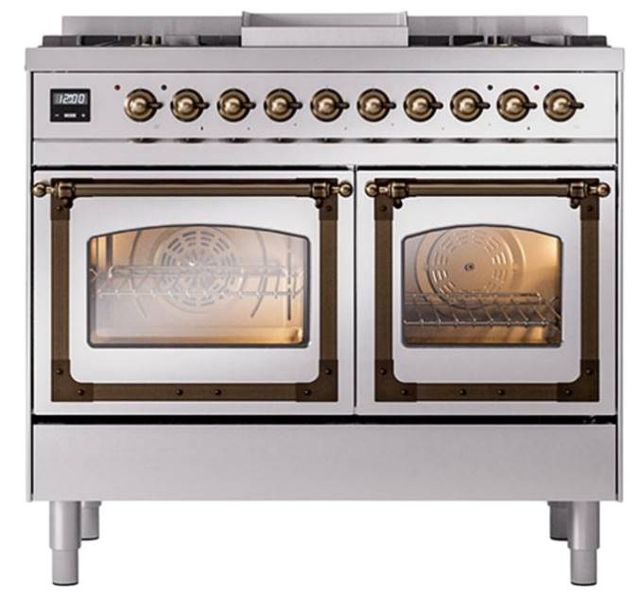 Ilve® Nostalgie II Noblesse 40'' Stainless Steel Pro Style Dual Fuel Range with Burnished Trim-1