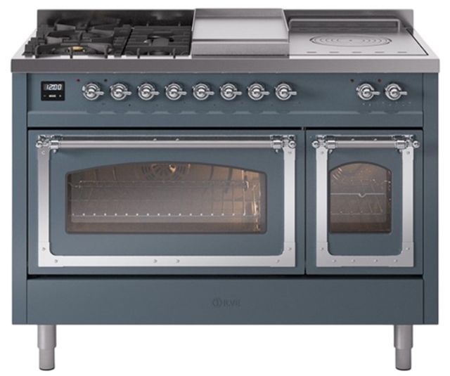 Ilve® Nostalgie II Noblesse 48'' Blue Gray Pro Style Dual Fuel Range with Chrome Trim-0