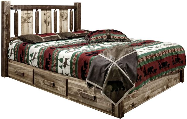 Montana Woodworks® Homestead Stain & Clear Lacquer California King Platform Storage Bed with Laser Engraved Bear Design-0